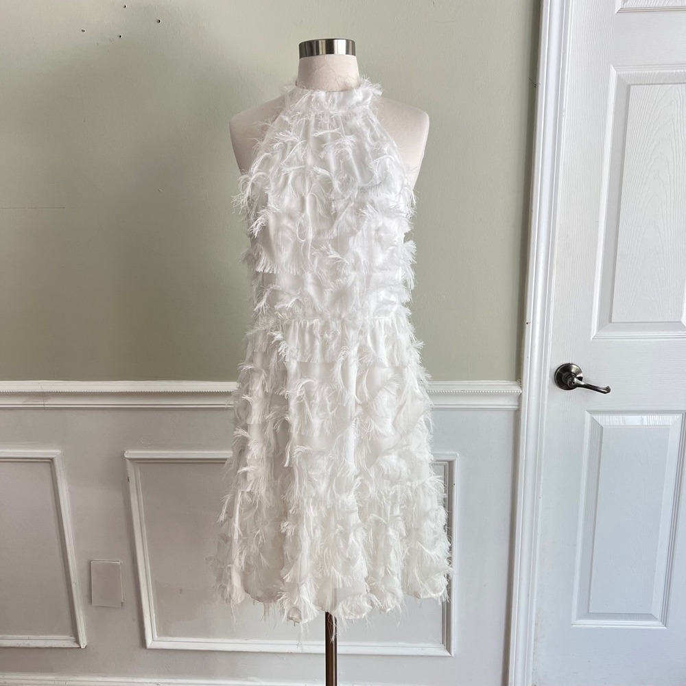 Y.A.S Fringed‎ Halter Mini Dress S Small White Feather Party Fairy